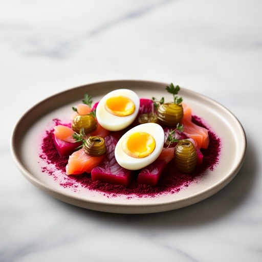 Beetroot Powder, Salmon Eggs, Cured Salmon, Baby Beetroot, Emulsion, Pickled Shallots, Gel Sheets & Crème Fraiche – receptbild