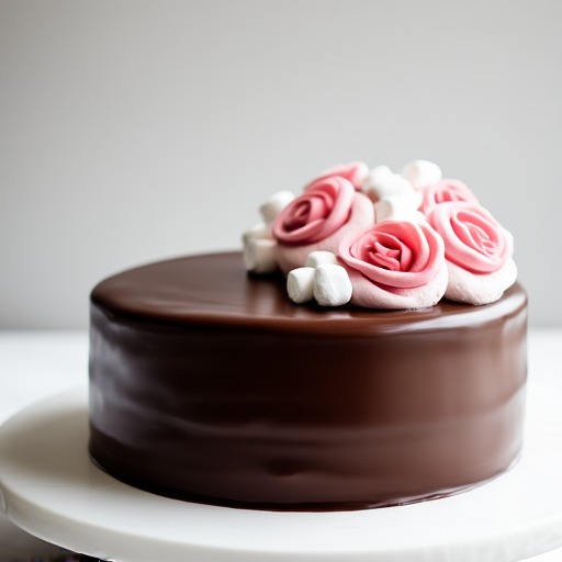 Chokladganachekaka med marshmallowfondant och kanderade rosor – receptbild