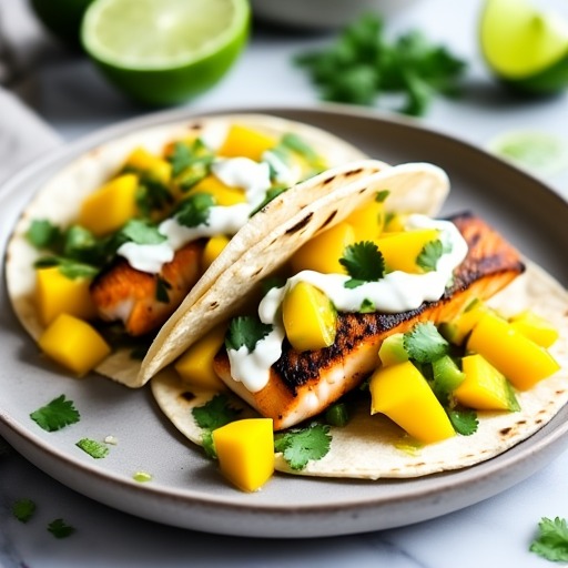Fish Tacos with Lime Crema and Mango Salsa – receptbild