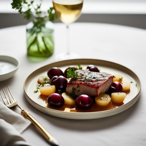 Fläskkarré med katrinplommon, cider, purjo och rotselleri – receptbild