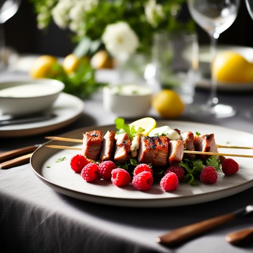 Fläskspett med citroncrème och hallonsallad – receptbild