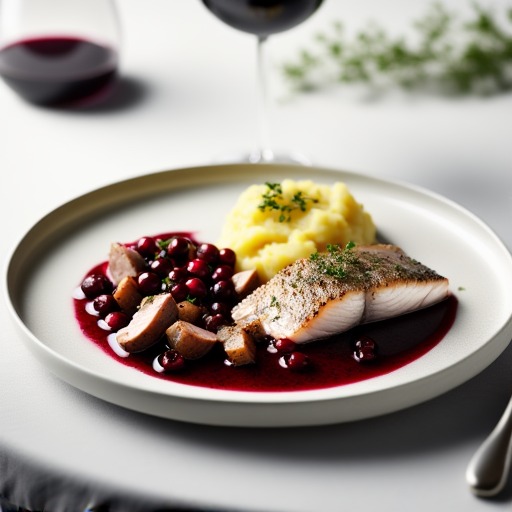 Halstrad torskrygg med potatisstomp, sidfläsk, lingon & rödvinssky – receptbild