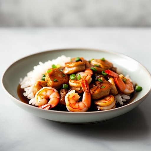 Ketjap Manis-marinerad fläskfilé eller kycklingfilé med ris – receptbild