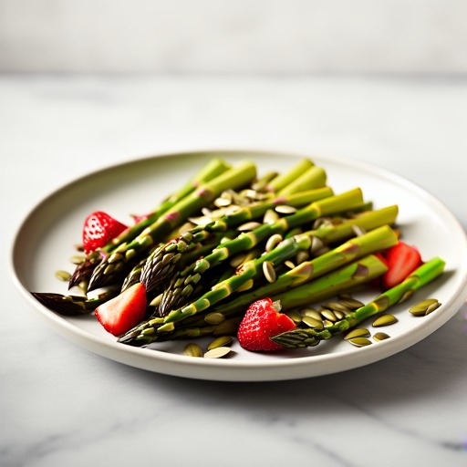 Rostad sparris med solroskärnor och jordgubbar – receptbild